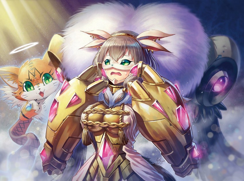 armor big_breasts blonde_hair blush bodily_fluids breast_squish breasts chest_tuft clawed_gauntlets claws clothed clothing cute_fangs duo ear_piercing ear_ring fangs female fur gauntlets gloves green_eyes hair halo hand_on_head handwear inner_ear_fluff looking_at_viewer mask multi_ear multicolored_body open_mouth orange_body orange_fur piercing pigtails pupils ring_piercing smile solo squish stitch_(sewing) sweat teeth tuft two_tone_body unusual_pupils wearing_mask whiskers wings sasasi bandai_namco digimon angel digimon_(species) domestic_cat felid feline felis humanoid maine_coon mammal meicoomon rasielmon portrait three-quarter_portrait