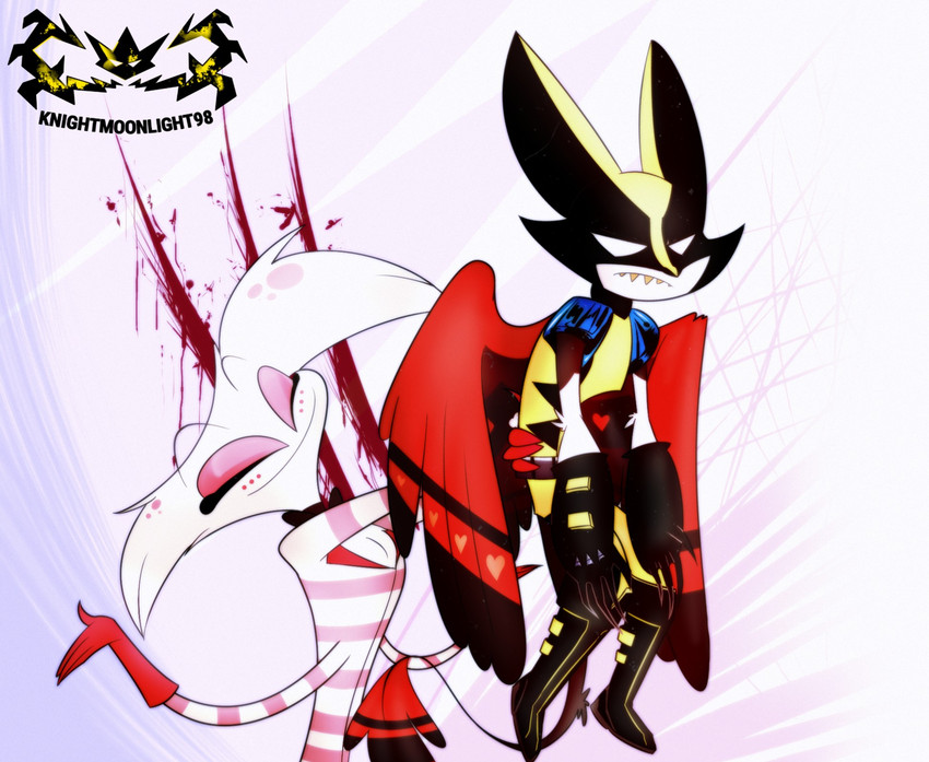 anthro carrying_another claws clothed clothing duo eyes_closed fangs fur husk male male/male mask multi_arm multi_limb simple_background smile suit teeth white_background white_body white_fur knightmoonlight98 hazbin_hotel marvel angel_dust husk_(hazbin_hotel) wolverine_(marvel) demon mammal crossover hi_res