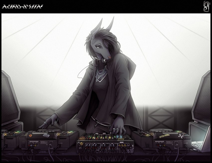 anthro black_clothing cable clothed clothing computer disc_jockey ear_piercing ear_ring electronics female fully_clothed grey_clothing headphones jacket jewelry laptop music necklace piercing ring_piercing solo speaker topwear turntable_(decks) undercut wire sunkenshrines mahvashi_(lolzguy) anubian_jackal canid canine canis jackal mammal 2021 monochrome