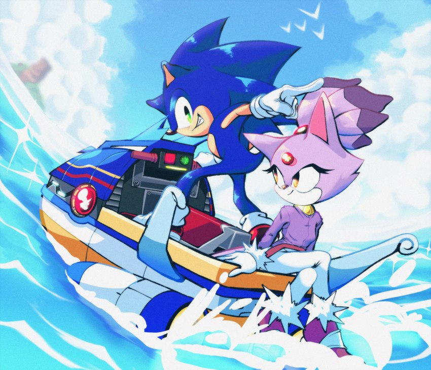 anthro clothing cloud day duo female footwear gloves green_eyes handwear jetski male shoes sky smile water yellow_eyes nanobutts sega sonic_the_hedgehog_(series) blaze_the_cat sonic_the_hedgehog eulipotyphlan felid feline hedgehog mammal 2021 hi_res