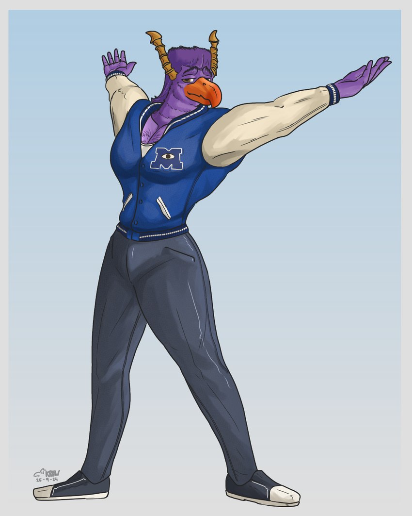 anthro beak big_pecs body_hair bottomwear chest_hair clothed clothing footwear hair horn jacket jock letterman_jacket looking_at_viewer male mullet muscular muscular_anthro muscular_male orange_beak pants pecs purple_body purple_hair raised_arms shoes simple_background smile solo standing topwear wide_stance krowbutt disney monsters_inc monsters_university pixar brock_pearson avian monster 4:5 digital_media_(artwork) hi_res