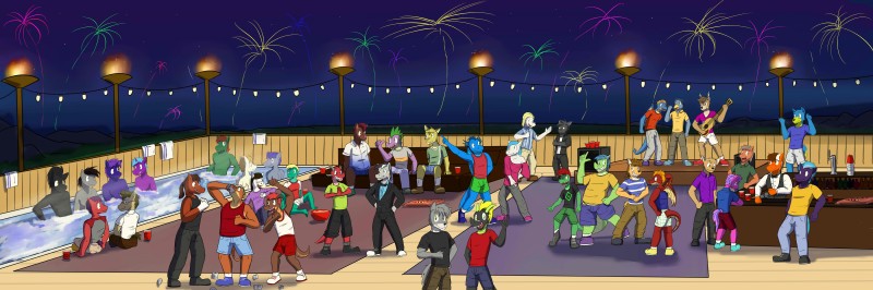 absolutely_everyone anthro beverage clothed clothing container cup dancing eyewear fireworks fully_clothed glasses group guitar hat headgear headwear holidays hot_tub large_group male musical_instrument night party plucked_string_instrument shirt string_instrument tail tank_top topless topwear towel wings fuze friendship_is_magic hasbro my_little_pony mythology new_year texnatsu adam_caro barius_(fuze) blake_jackson casey_ramser diego_abel fuzedragon jadefire jorge_san_nicolas josh_oliver kenta_yamashita magma_(fuze) mangle_(fuze) mond_reyes sharp_(fuze) snort_(fuze) spike_(mlp) ty_conrad alligator alligatorid avian bat bird bluebird bobcat bovid bovine canid canine canis cattle coyote crocodilian deer domestic_dog dragon equid equine felid feline horse lynx mammal mythological_creature mythological_scalie oscine passerine reptile scalie suid suina sus_(pig) thrush_(bird) wild_boar wolf 3:1 absurd_res hi_res