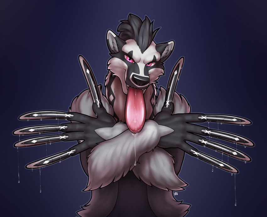 5_fingers ambiguous_gender anthro bodily_fluids claws dripping fingers hand_fetish long_claws open_mouth pink_eyes saliva saliva_drip simple_background solo teeth tongue tongue_out longblueclaw nintendo pokemon generation_8_pokemon obstagoon pokemon_(species) 2019 digital_media_(artwork) half-length_portrait portrait