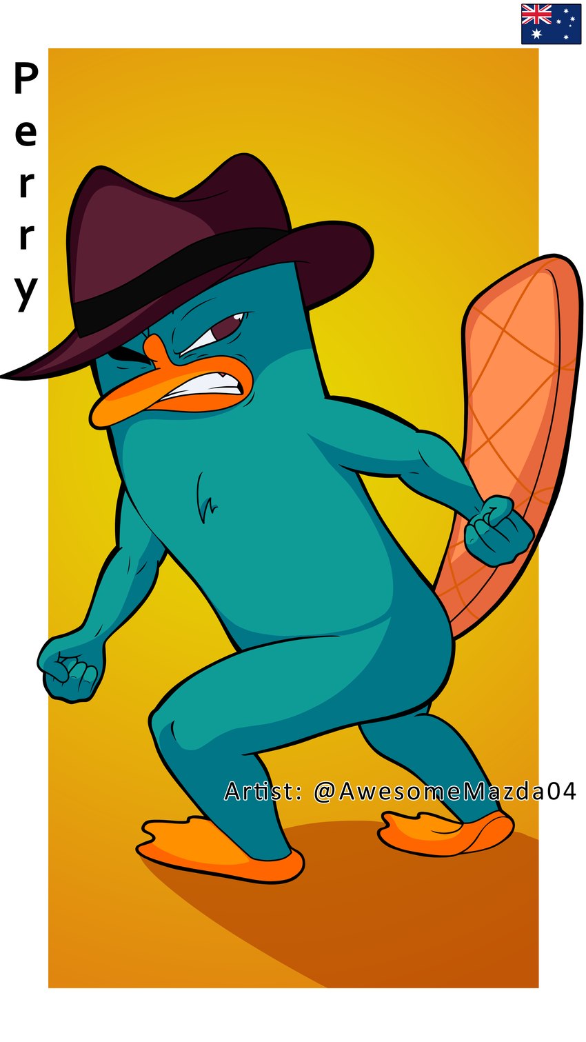 angry anthro australia australian australian_flag beak beaver_tail brown_eyes chest_fur clothing fedora feet fighting_pose fist fur gums_showing hat headgear headwear logo male nationality orange_feet orange_tail pose solo tail teal_body teal_fur teeth text toothed_beak awesomemazda04 disney phineas_and_ferb perry_the_platypus mammal monotreme platypus 9:16 absurd_res hi_res watermark