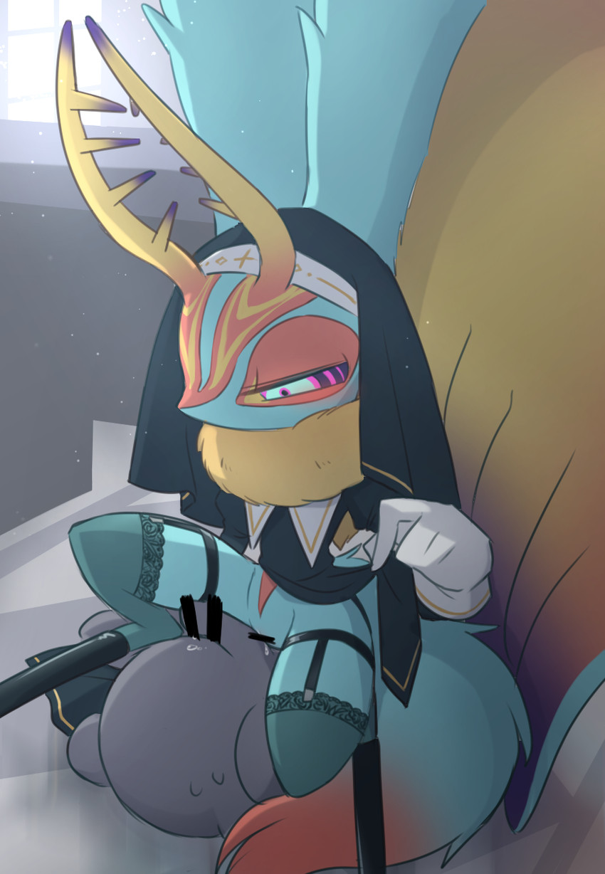 anthro antlers biped black_sclera blush bodily_fluids censor_bar censored_genitalia censored_penis censored_vulva chest_tuft clothed clothing clothing_lift countershade_torso countershading digitigrade dipstick_tail dripping duo erection female female_anthro female_on_top fluffy fluffy_tail fur genital_fluids genitals gloves grey_penis handwear head_wings horn huge_wings imminent_sex ineffective_censorship interspecies legwear looking_at_another looking_at_partner male male/female male_on_bottom markings mouthless multicolored_body multicolored_eyes multicolored_fur narrowed_eyes neck_tuft nun_outfit on_bottom on_top on_top_of orange_body orange_fur partially_clothed_anthro partially_clothed_female penis pink_eyes precum precum_drip pupils spread_legs spreading stockings tail tail_markings tan_body tan_fur teal_body teal_eyes teal_fur three-quarter_view tuft unusual_wing_placement vaginal_fluid_drip vaginal_fluids wings amateru_kai kirby_(series) nintendo fecto_elfilis alien ambiguous_species chinchilla chinchillid mammal rodent starling_(kirby) 2022 censored digital_drawing_(artwork) digital_media_(artwork) hi_res japanese_description