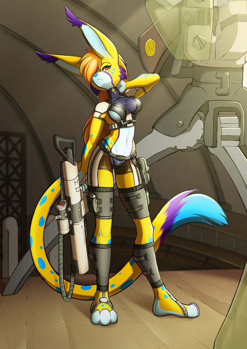 anthro armor artillery barefoot big_ears clothed clothing countershading crossgender feet female fur gun gun_sling hair hair_over_eye inner_ear_fluff light light_beam looking_at_viewer magazine_(gun) midriff navel one_eye_obstructed pose purple_body purple_fur ranged_weapon red_eyes rifle shin_guards solo spots sunbeam sunlight teal_spots thong translucent translucent_clothing tuft underwear weapon yellow_body yellow_fur zipper remarkably_average dreamkeepers bobby_frederick cheetah felid feline mammal digital_media_(artwork) hi_res