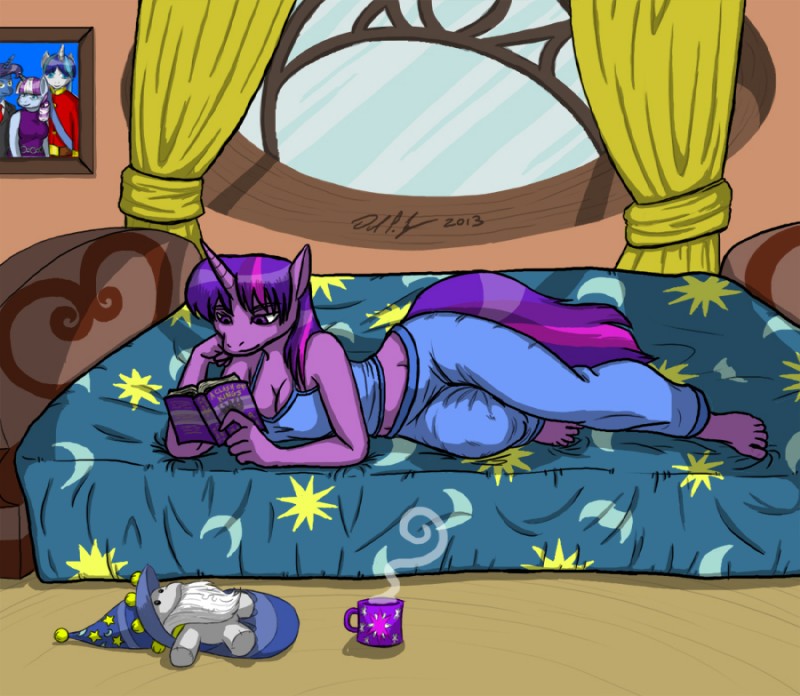 anthro anthrofied bed big_breasts biped book breasts cleavage clothed clothing female fur furniture hair horn lying midriff multicolored_hair pajamas plushie purple_body purple_fur purple_hair reading smile solo two_tone_hair window baikobits friendship_is_magic hasbro my_little_pony mythology night_light_(mlp) shining_armor_(mlp) twilight_sparkle_(mlp) twilight_velvet_(mlp) equid equine mammal mythological_creature mythological_equine unicorn 2013