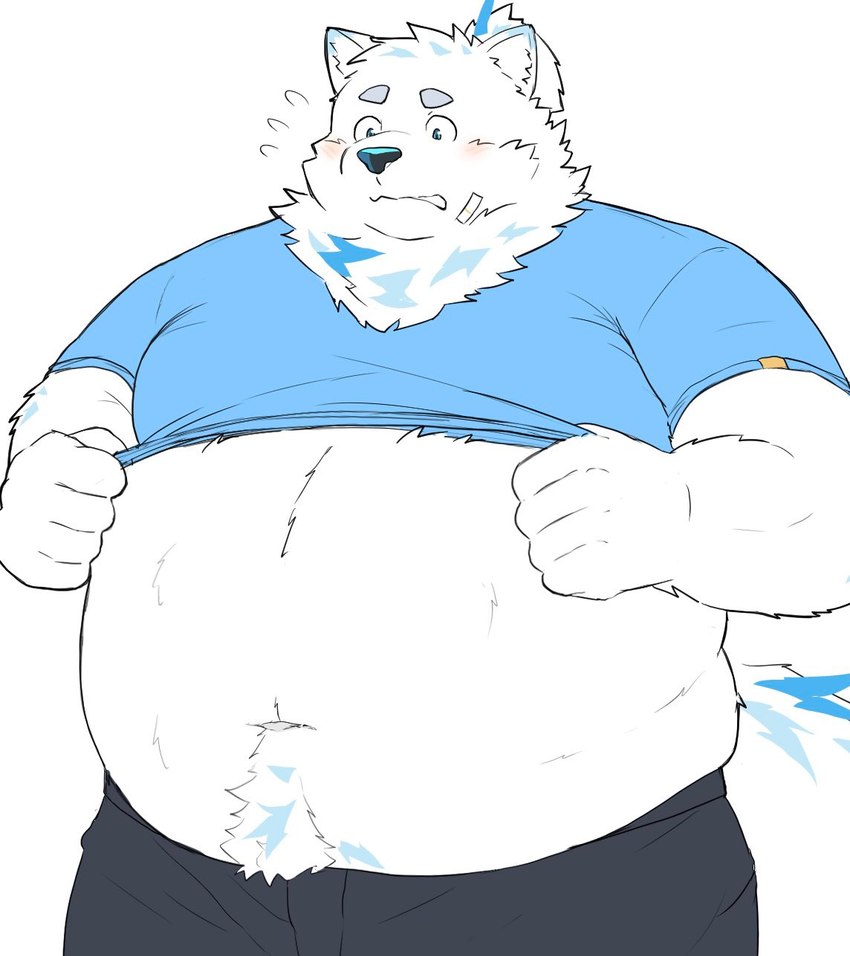 anthro belly big_belly blush bottomwear clothed clothing clothing_lift fur humanoid_hands kemono male navel overweight overweight_male pants shirt shirt_lift simple_background solo topwear white_background white_body white_fur nikukyu299paw lifewonders live_a_hero yohack canid canine canis domestic_dog mammal 2024 hi_res