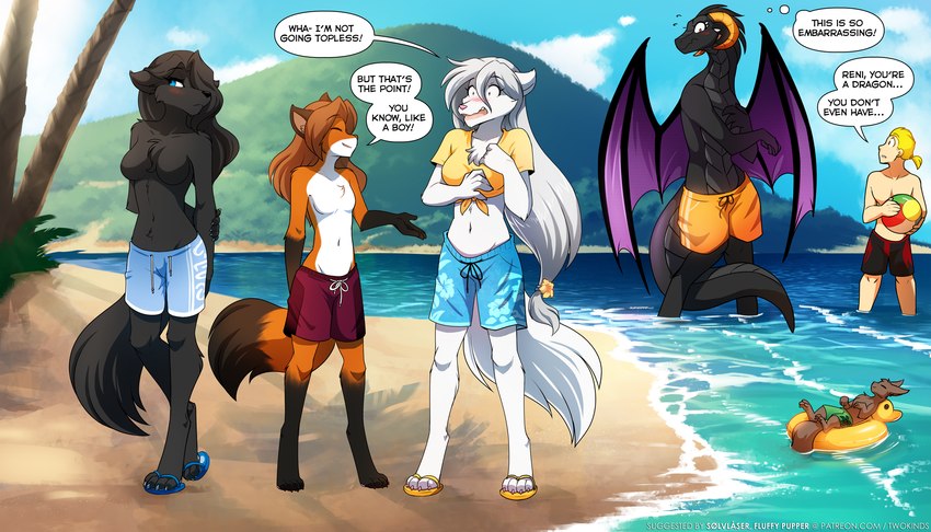 alternate_species anthro anthrofied ball barefoot beach beach_ball black_body black_fur black_scales blue_eyes blush breast_size_difference breasts claws clothed clothing covering covering_chest covering_self crossdressing detailed_background dialogue digitigrade dipstick_tail embarrassed eyes_closed featureless_breasts feet female feral floating footwear fur gloves_(marking) group hair hair_over_eye horn inflatable inner_tube leg_markings long_hair male markings membrane_(anatomy) membranous_wings multicolored_body multicolored_fur navel one_eye_obstructed outside partially_submerged pool_float red_body red_fur sandals scales sea seaside shoes size_difference small_breasts smile socks_(marking) standing swim_ring swimming_trunks swimwear tail tail_markings text thought_bubble toe_claws topless topless_female topless_male water white_body white_fur wings conditional_dnp tom_fischbach european_mythology male_swimwear_challenge mythology twokinds keiren_(twokinds) laura_(twokinds) madam_reni_(twokinds) maren_taverndatter mrs._nibbly raine_silverlock canid canine canis dragon fox human keidran mammal mythological_creature mythological_scalie rodent scalie sciurid tree_squirrel western_dragon wolf 2022 7:4 adobe_photoshop_(artwork) colored digital_media_(artwork) english_text hi_res url