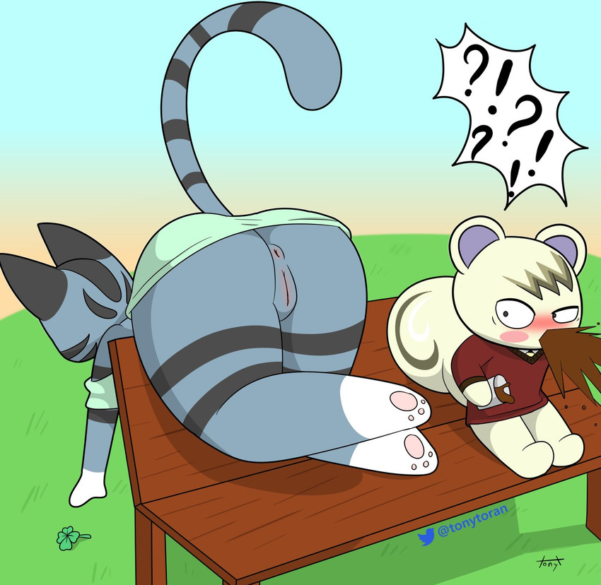 anthro anus bench beverage blush bottomless clothed clothing coffee container cup duo exclamation_point female genitals interrobang male male/female no_underwear on_bench pawpads pussy question_mark size_difference speech_bubble spit-take spitting spitting_out surprise tonytoran animal_crossing nintendo lolly_(animal_crossing) marshal_(animal_crossing) domestic_cat felid feline felis mammal rodent sciurid hi_res