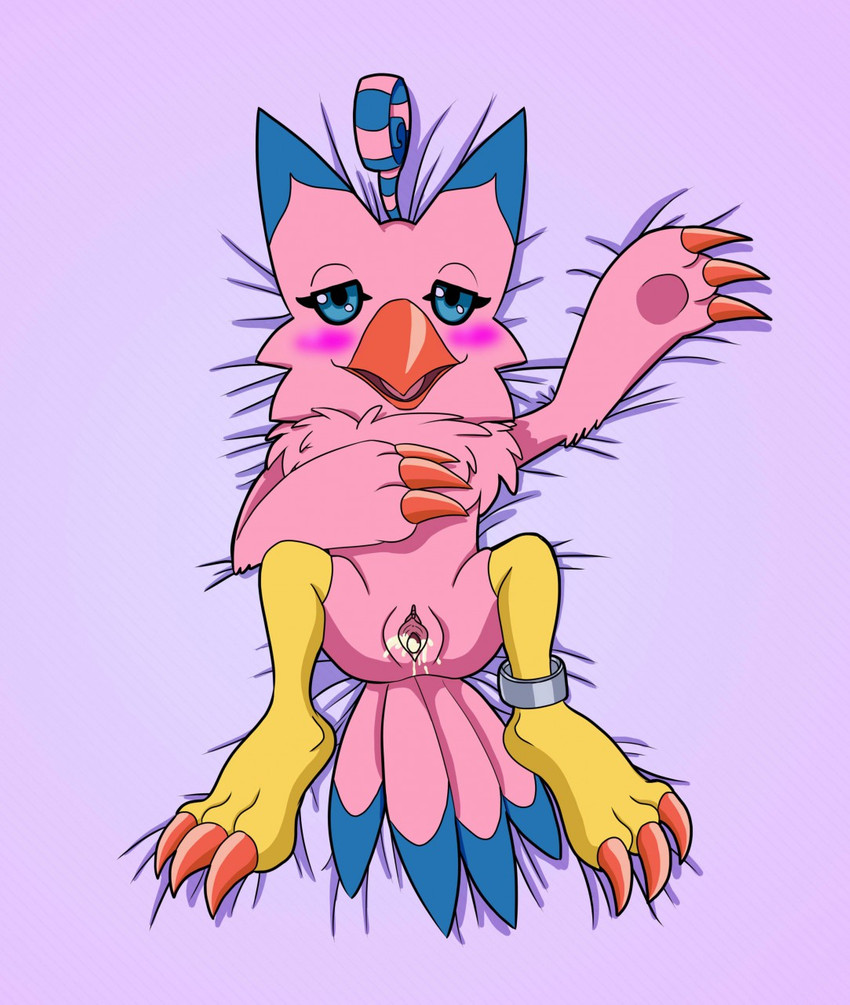 beak blue_eyes blue_markings blush bodily_fluids claws cum dakimakura feather_tuft feathers female genital_fluids genitals lying markings pink_background pink_body pink_feathers pussy ring simple_background solo tail tail_feathers toe_claws tuft p.v.su bandai_namco digimon avian biyomon digimon_(species) dakimakura_design hi_res