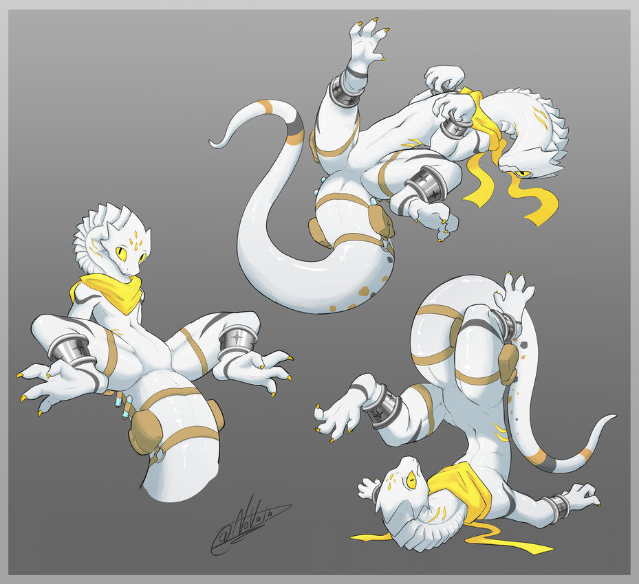 accessory bag cuff_(restraint) featureless_crotch feral furgonomics gills glowing glowing_eyes long_neck male null pose restraints scarf solo spread_legs spreading tail tail_accessory tail_bag vial wrist_cuffs novada uzoqe_(character) lizard reptile scalie absurd_res hi_res