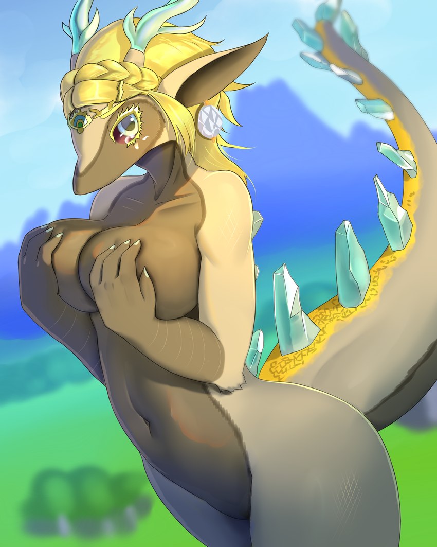 anthro anthrofied blonde_hair blurred_background bodily_fluids breasts covering covering_breasts covering_self day detailed_background ear_piercing female grey_body hair hand_bra horn jewelry looking_at_viewer navel non-mammal_breasts nude outside piercing solo tail tears hopping4 mythology nintendo tears_of_the_kingdom the_legend_of_zelda light_dragon_(totk) princess_zelda dragon mythological_creature mythological_scalie scalie 4:5 absurd_res hi_res