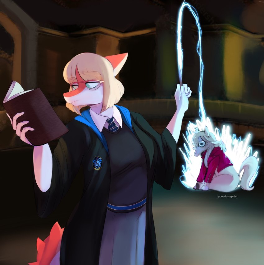 anthro blonde_hair book clothing detailed_background duo eyelashes eyewear female feral fingers fluffy fluffy_tail fur glasses hair hogwarts_uniform inside jacket long_tail magic magic_user magic_wand multicolored_body multicolored_scales orange_body orange_scales ravenclaw robe scales school_uniform short_hair sitting snout spikes spikes_(anatomy) tail teal_eyes topwear two_tone_body two_tone_scales uniform white_body white_fur white_hair white_scales deadassspider cavemanon_studios goodbye_volcano_high harry_potter_(series) i_wani_hug_that_gator snoot_game mia_moretti naomi_(gvh) dinosaur equid equine hadrosaurid horse mammal ornithischian ornithopod parasaurolophus prehistoric_species reptile scalie 2023 artist_name digital_drawing_(artwork) digital_media_(artwork) hi_res watermark sibling_(lore) sister_(lore) sisters_(lore)