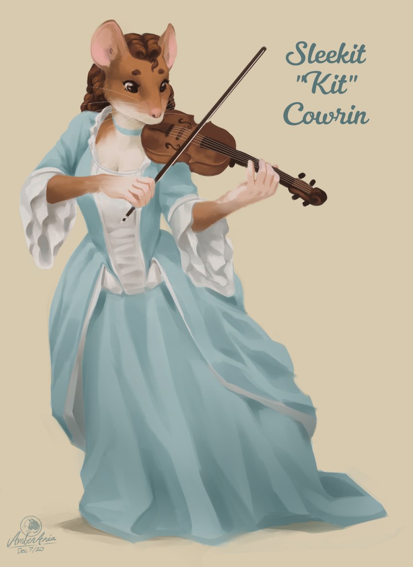 anthro bow_(stringed_instrument) bowed_string_instrument breasts brown_body brown_fur brown_hair cleavage clothed clothing dress female fully_clothed fur hair musical_instrument playing_music playing_violin solo standing string_instrument violin whiskers amber-aria mammal murid murine rodent wood_mouse hi_res