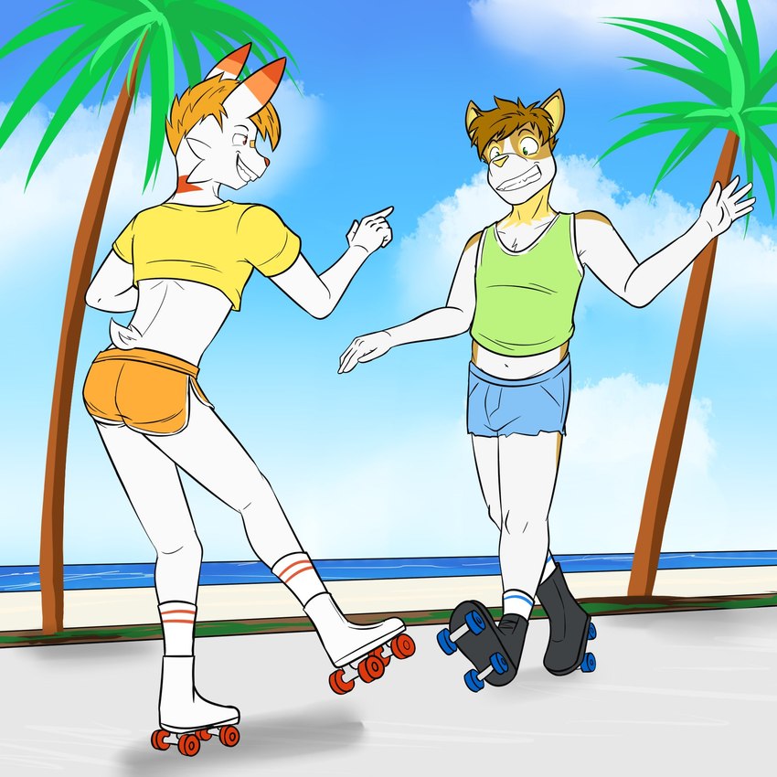 anthro anthrofied beach bottomwear clothing crop_top daisy_dukes denim denim_bottomwear denim_clothing denim_shorts dolphin_shorts duo footwear hotpants male midriff navel outside palm_tree plant pokemorph quad_skates roller_skates sea seaside shirt shorts socks t-shirt tank_top topwear tree water fuze nintendo pokemon generation_8_pokemon pokemon_(species) scorbunny yamper 1:1 hi_res