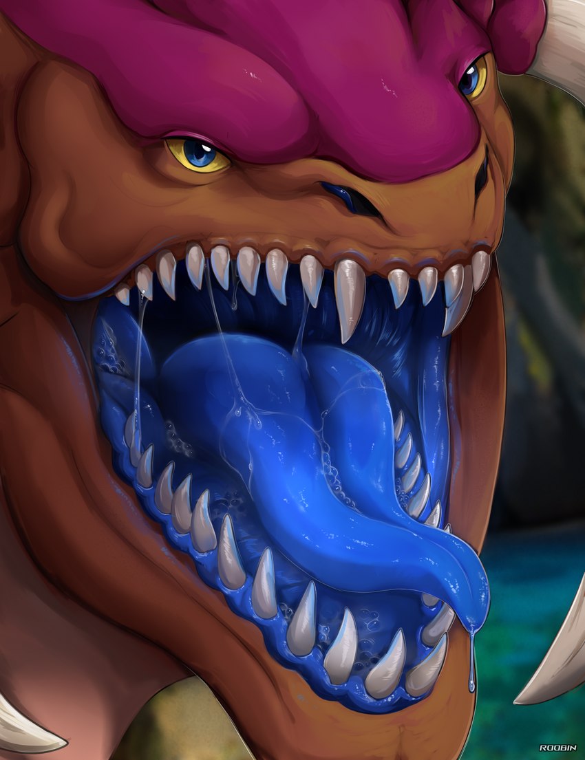 blue_eyes blue_inner_nose blue_insides blue_mouth blue_tongue blurred_background bodily_fluids brown_body exoskeleton male markings mouth_shot open_mouth purple_markings quadruped saliva sharp_teeth teeth tongue tusks yellow_sclera roobin blizzard_entertainment starcraft drythkalt zerg zergling absurd_res hi_res