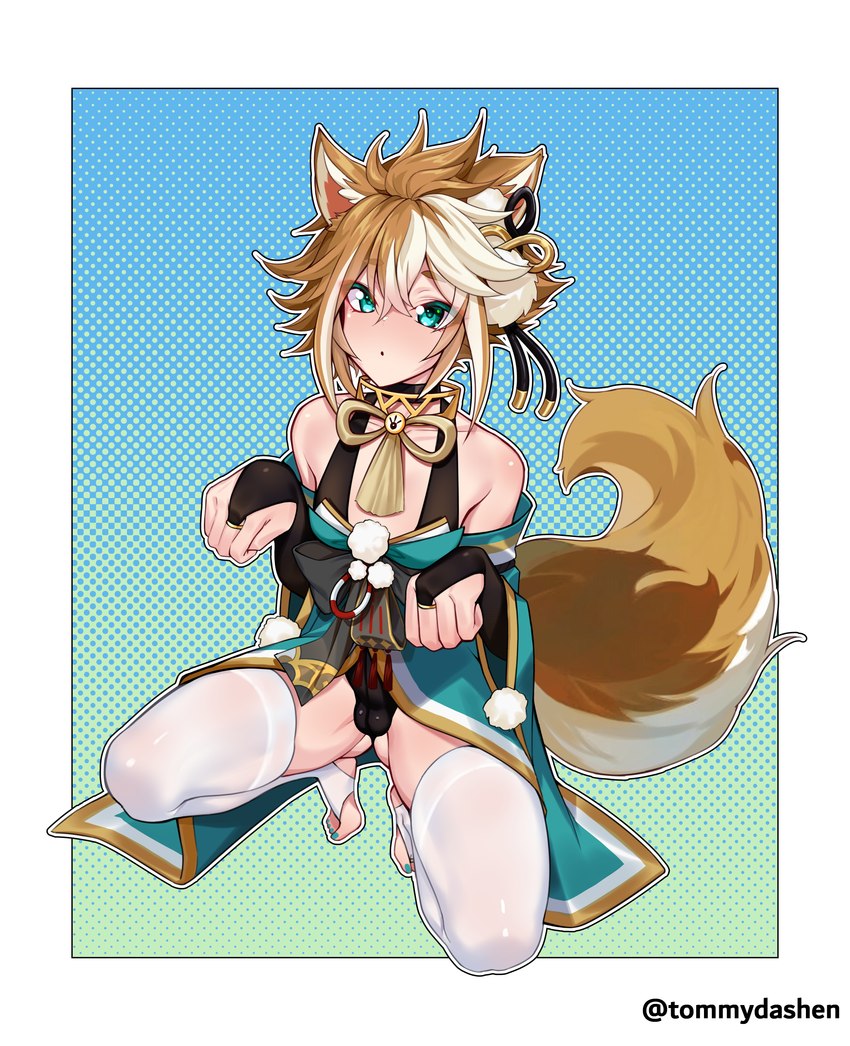 blush bulge clothed clothing crossdressing femboy legwear looking_at_viewer male solo tommydashen genshin_impact mihoyo gorou_(genshin_impact) animal_humanoid canid canid_humanoid canine canine_humanoid humanoid mammal mammal_humanoid 2024 absurd_res hi_res