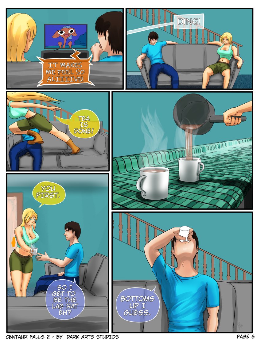 beverage comic_book comic_panel container cup dialogue female furniture human_only imminent_transformation living_room male male/female mug not_furry potion pre-transformation sofa speech_bubble tea text transformation_potion transformation_through_magic thed4rk1ord centaurworld darkartsstudios netflix eric_(thed4rk1ord) glendale_(centaurworld) rachel_(thed4rk1ord) equid equine human mammal absurd_res comic english_text hi_res