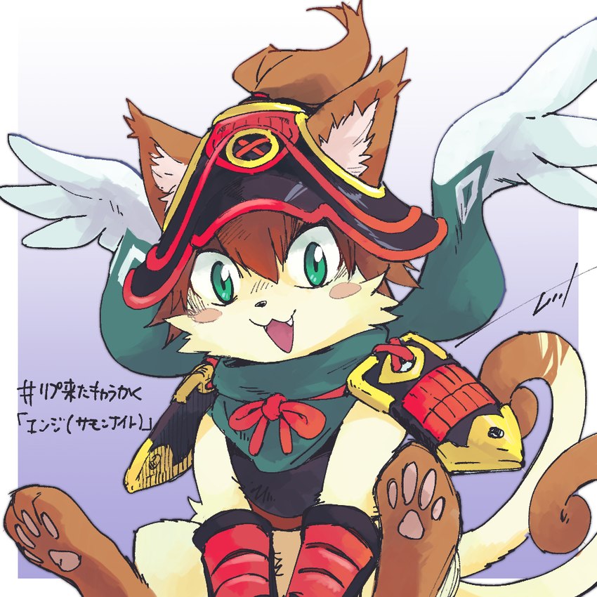 2_tails 4_toes anthro blue_background border brown_body brown_fur fangs feet fur green_eyes hair happy looking_at_viewer male multi_tail open_mouth pawpads simple_background sitting solo tail tan_body tan_fur teeth text tied_hair toes white_border pikanodannna asian_mythology bandai_namco east_asian_mythology japanese_mythology mythology summon_night enzi_(summon_night) domestic_cat felid feline felis mammal nekomata yokai 1:1 2021 japanese_text translation_request