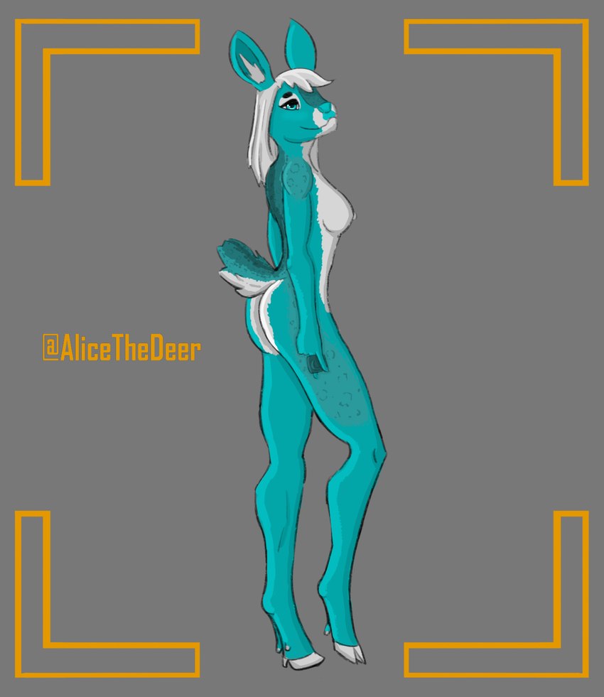 anthro blue_body blue_eyes blue_fur breasts circles female fluffy fluffy_tail fully_shaded fur nude pose sexy_eyes simple_background solo tail white_body white_fur alicethedeer deer mammal hi_res pinup