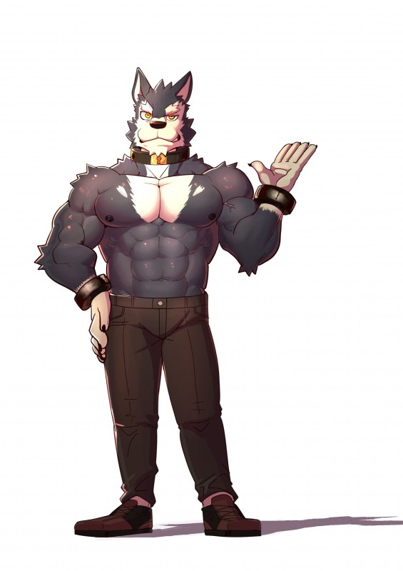 abs anthro belt biceps big_muscles biped black_nipples black_nose bottomwear clothed clothing collar cuff_(restraint) footwear fur grey_body grey_fur looking_at_viewer male muscular muscular_anthro muscular_male nipples pants pecs restraints shoes simple_background solo standing teeth topless vein white_background white_body white_fur wrist_cuffs yellow_eyes husky_(artist) koreanhusky canid canine canis domestic_dog mammal absurd_res hi_res