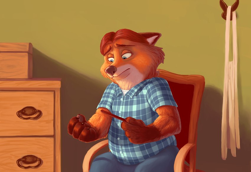 anthro belly bottomwear chair clothing fur furniture inside male nail_file orange_body orange_fur overweight overweight_male pants sad shirt sitting solo topwear nemonutkin disney zootopia gideon_grey canid canine fox mammal red_fox true_fox 2019 absurd_res hi_res