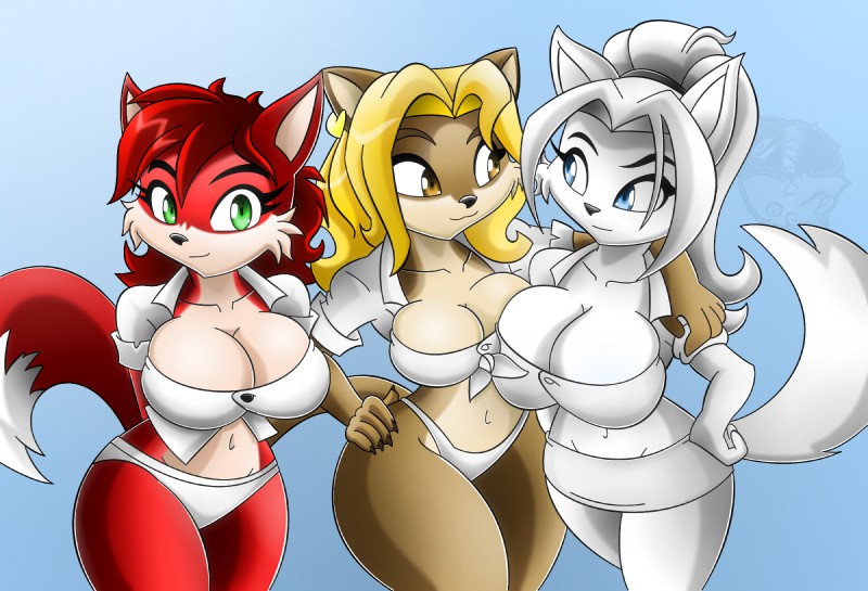 big_breasts blue_eyes breast_squish breasts breasts_frottage clothing ear_piercing ear_ring female fur green_eyes group hair midriff navel piercing red_body red_fur red_hair ring_piercing squish tan_body tan_fur white_body white_clothing white_fur white_hair wide_hips yellow_eyes goblinhordestudios krystal_(k9wolf) lisa_(goblinhordestudios) vicki_valentine arctic_wolf canid canine canis felid fox lion mammal pantherine wolf 2011 hi_res