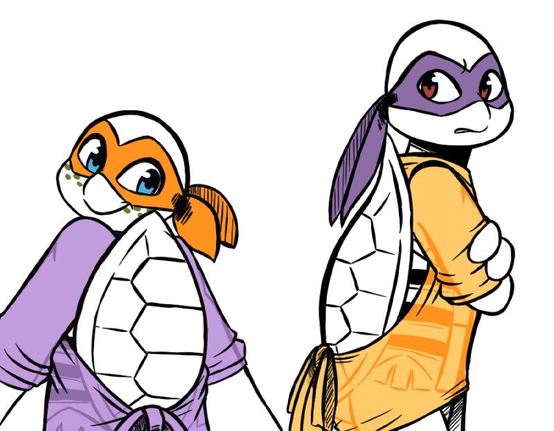 anthro backless_clothing backless_shirt backless_topwear blue_eyes clothed clothing crossed_arms duo freckles furgonomics kerchief looking_at_viewer male mask rear_view red_eyes shell simple_background smile white_background inkyfrog teenage_mutant_ninja_turtles donatello_(tmnt) michelangelo_(tmnt) reptile scalie turtle 2017 partially_colored