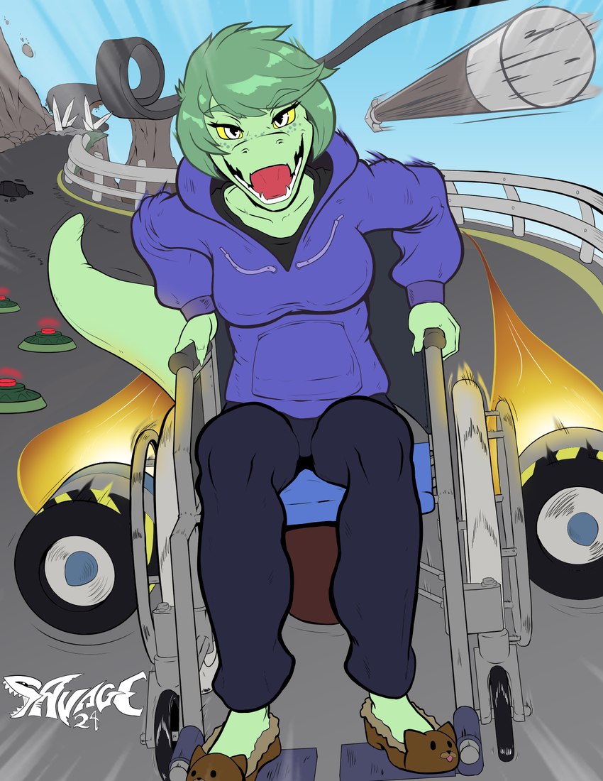 anthro clothed clothing disability female footwear freckled_face freckles front_view green_body green_hair hair hoodie looking_at_viewer mine obstacle_course open_mouth shoes slippers solo street topwear vehicle wheelchair yellow_sclera savageshark cavemanon_studios happy_wheels i_wani_hug_that_gator olivia_halford baryonyx dinosaur prehistoric_species reptile scalie spinosaurid theropod crossover hi_res