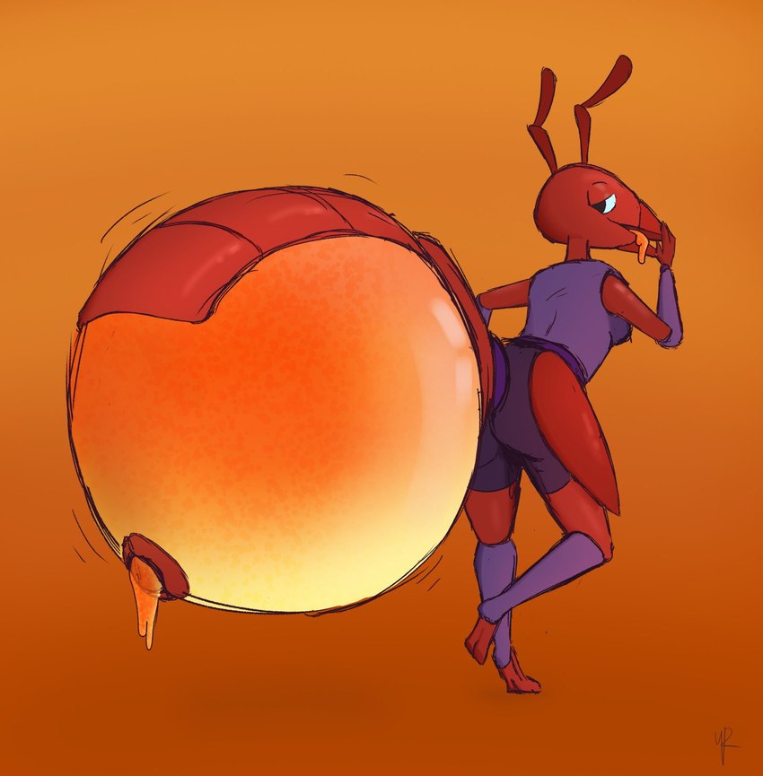 anthro arthropod_abdomen athletic_wear belly belly_expansion expansion female food honey_(food) inflation pose solo nezzieplump meco_(nezzieplump) ant arthropod honeypot_ant hymenopteran insect hi_res pinup