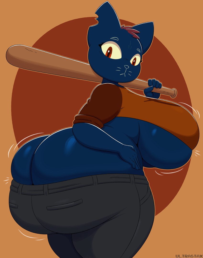 5_fingers anthro baseball_bat bat_(object) big_breasts big_butt blue_body blue_fur bottomwear breasts bubble_butt bulging_breasts bulging_butt butt butt_cleavage clothing deep_skin denim denim_bottomwear denim_clothing eyelashes female fingers fur glistening glistening_breasts glistening_butt hair holding_object huge_breasts huge_butt huge_thighs jeans looking_at_viewer looking_back looking_back_at_viewer looking_down looking_down_at_viewer notched_ear pants pointy_ears prick_ears red_eyes red_hair rolled_up_sleeves shirt short_stack simple_background skindentation solo t-shirt thick_thighs tomboy topwear under_boob undersized_clothing whiskers yellow_sclera ultrastax night_in_the_woods mae_borowski domestic_cat felid feline felis mammal 2024 absurd_res digital_drawing_(artwork) digital_media_(artwork) hi_res portrait three-quarter_portrait