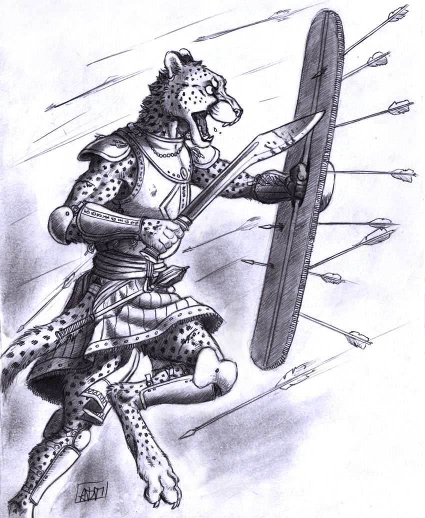 anthro armor arrow_(weapon) battle_cry belt biped blood blood_on_sword blood_on_weapon bodily_fluids bottomwear buckle claws clothing couter cuirass digitigrade ear_piercing ear_ring fangs fur holding_melee_weapon holding_object holding_shield holding_sword holding_weapon jewelry looking_forward mace male markings melee_weapon motion_blur necklace open_mouth paws piercing plate_armor poleyn ranged_weapon ring_piercing saliva scar schynbalds shield skirt solo spaulder spots spotted_body spotted_fur spotted_markings spotted_tail straps sword tail tail_markings teeth toe_claws vambrace weapon 0laffson ti'maar_(titusw) cheetah felid feline mammal 2024 graphite_(artwork) hi_res monochrome pencil_(artwork) signature traditional_media_(artwork)