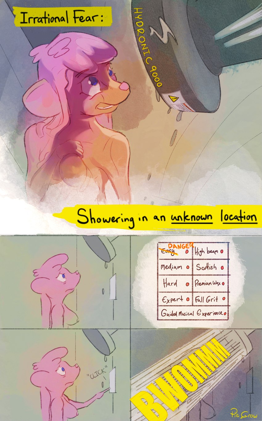 anthro bathing convenient_censorship dream female hair high-angle_view nightmare pink_hair shower_head showering solo steam_censorship text piecrow proposition_65 absurd_res comic english_text hi_res