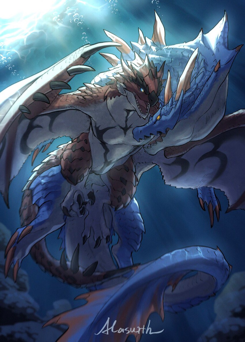 duo eye_contact feral horn looking_at_another male nude tail underwater water wings lan_rizardon capcom monster_hunter flying_wyvern lagiacrus leviathan_(mh) rath_wyvern rathalos hi_res