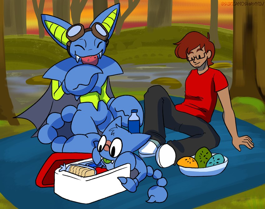 facial_hair food group male picnic screamoshaymin nintendo pokemon blake_rothenberg chiro_(jmc) generation_2_pokemon generation_4_pokemon gligar gliscor human mammal pokemon_(species) shiny_pokemon hi_res father_(lore) parent_(lore) son_(lore)