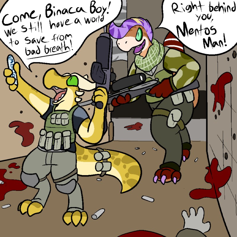 anthro armor blood bodily_fluids clothed clothing duo_focus green_eyes group gun hair horn male ranged_weapon scarf sniper text weapon trout_(artist) capcom mentos resident_evil sir_squiggles kobold lizard reptile scalie 1:1 2016 aliasing digital_media_(artwork) english_text