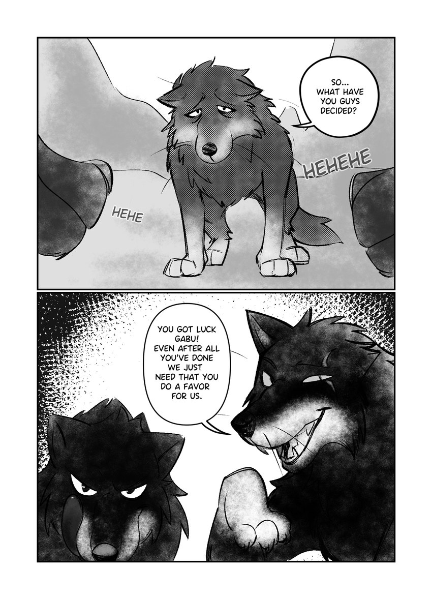 black_body black_fur border feral fur group laugh looking_at_another male mountain sad talking_to_another teeth text tongue tongue_out trio white_body white_border white_fur catlord one_stormy_night gabu giro_(one_stormy_night) canid canine canis mammal wolf comic english_text hi_res monochrome