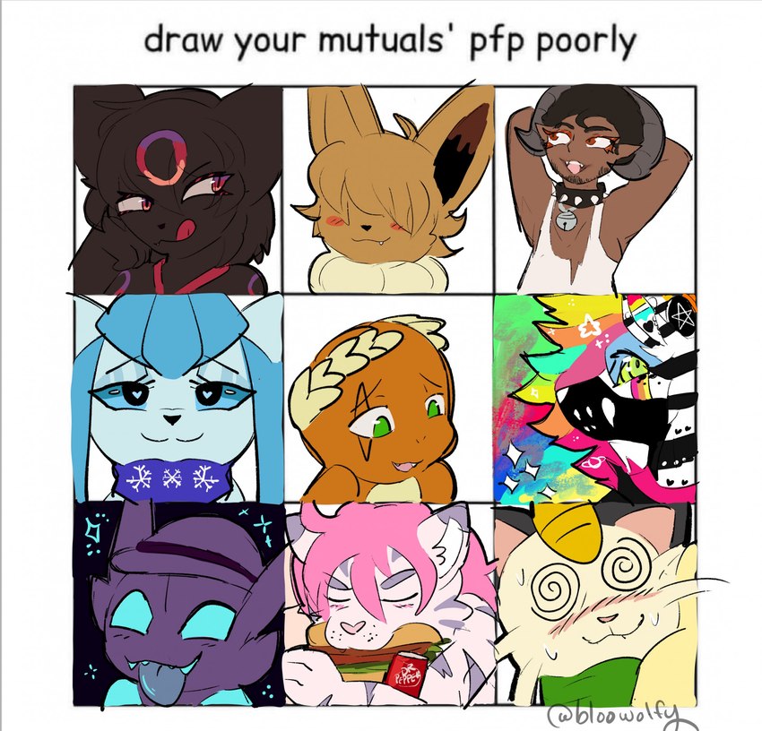 ambiguous_gender anthro blue_body brown_body brown_fur eyes_closed female feral food fur horn licking licking_lips male sandwich_(food) sandwich_in_mouth smile sparklefur text tongue tongue_out bloowolfy draw_your_mutuals_pfp_poorly nintendo pokemon canid canine charmander eevee eeveelution felid feline generation_1_pokemon generation_2_pokemon generation_3_pokemon generation_4_pokemon glaceon horned_humanoid humanoid mammal meowth pokemon_(species) sableye umbreon 2023 english_text hi_res icon