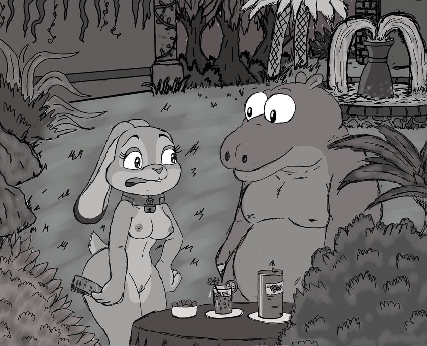 anthro belly beverage big_belly bowl breasts buckteeth butt container drink_umbrella duo female forced forced_exposure forced_nudity_collar fountain furniture genitals lock male mystic_spring_oasis nipples nude nudist outside palm_tree plant pussy shrub table teeth thick_thighs tree mlinkina disney zootopia judy_hopps common_hippopotamus hippopotamid lagomorph leporid mammal rabbit hi_res monochrome story story_in_description