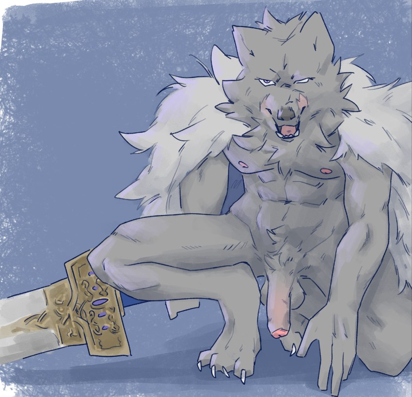 abs anthro balls cheek_tuft claws crotch_tuft crouching facial_tuft foreskin fur genitals grey_body grey_fur humanoid_genitalia humanoid_penis male melee_weapon muscular muscular_anthro muscular_male neck_tuft nipples nude open_mouth penis penis_tip presenting scar simple_background solo solo_focus sword tuft weapon snepause elden_ring fromsoftware blaidd_(elden_ring) canid canine canis mammal wolf