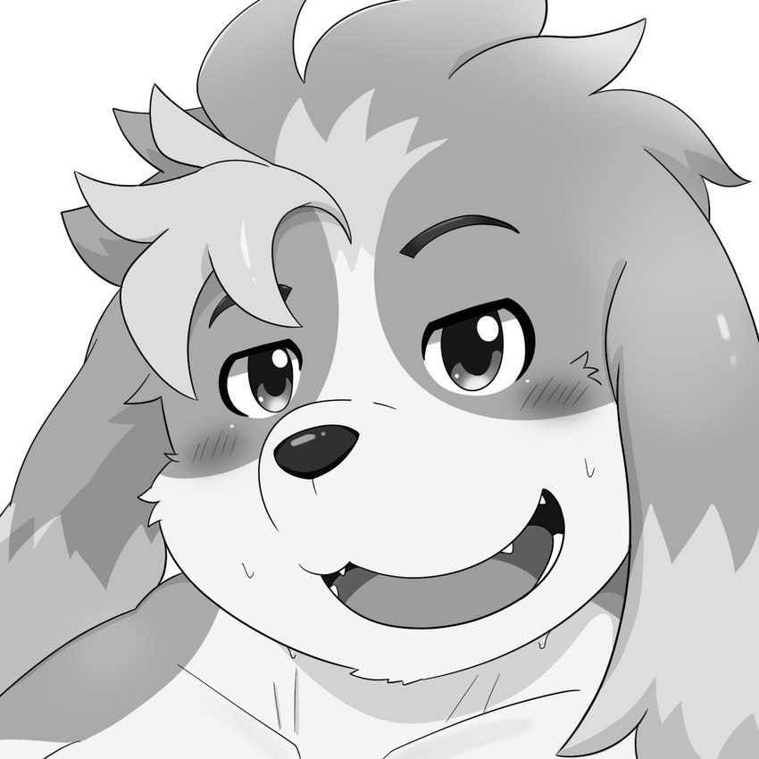 anthro blush floppy_ears lidded_eyes looking_at_viewer male smile solo tukiguma761 lifewonders live_a_hero hisaki_(live_a_hero) canid canine canis domestic_dog mammal greyscale hi_res monochrome