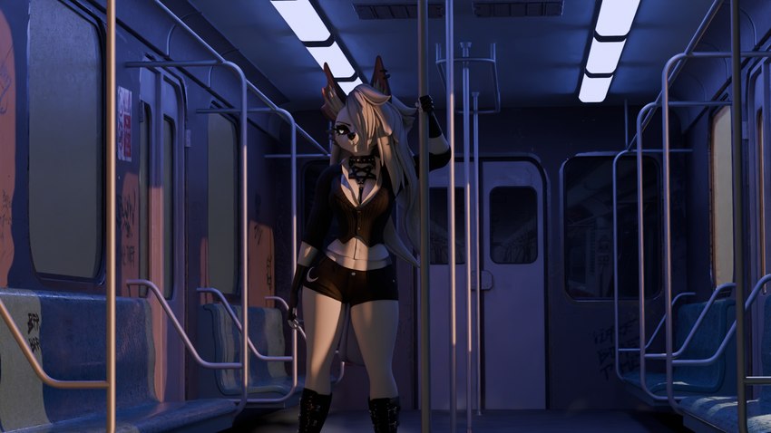 anthro big_breasts bottomwear breasts clothed clothing collar dress_shirt female fur graffiti hair hotpants inside_vehicle public_transportation shirt shorts solo tail topwear train vehicle drakebythelake helluva_boss mythology loona_(helluva_boss) loona_(samzan) canid canid_demon canine demon hellhound mammal mythological_canine mythological_creature 16:9 2024 3d_(artwork) digital_media_(artwork) hi_res widescreen