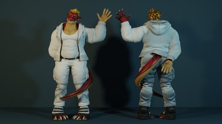 anthro clothed clothing gesture looking_at_viewer male musclegut muscular red_body shy simple_background slightly_chubby smile solo tail tail_wrapped waving waving_at_viewer dergdrister mythology tyler_(dergdrister) dragon mythological_creature mythological_scalie scalie 3d_(artwork) digital_media_(artwork) hi_res