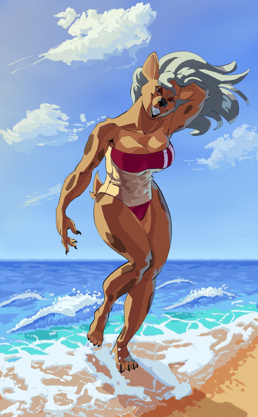 4_toes anthro barefoot beach black_nose breasts brown_body brown_fur claws cleavage clothed clothing feet female finger_claws fingers fur grey_hair grin hair hindpaw humanoid_hands long_hair looking_at_viewer markings one-piece_swimsuit outside paws sand seaside smile solo spots spotted_body spotted_fur swimwear teeth toe_claws toes translucent translucent_clothing translucent_swimwear under_boob water kingsus gris_swimsuit meme_clothing sophie_(ermwhat) hyena mammal spotted_hyena 2022 absurd_res hi_res meme