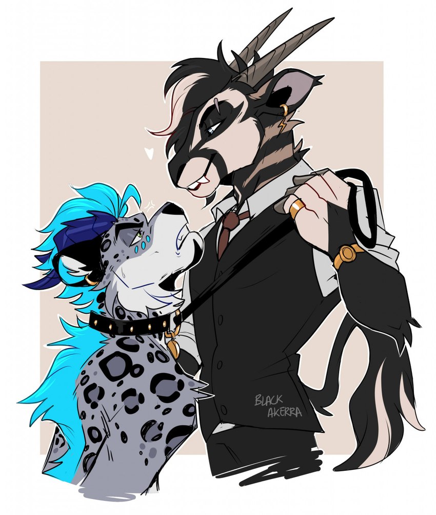 anthro clothing duo eye_contact green_eyes horn jewelry looking_at_another male necklace necktie piercing ring simple_background suit bluezeru sapphynhoa aker_(bluezeru) zeru_(bluezeru) antelope bovid felid gemsbok grazing_antelope leopard mammal oryx pantherine hi_res nonbinary_(lore)