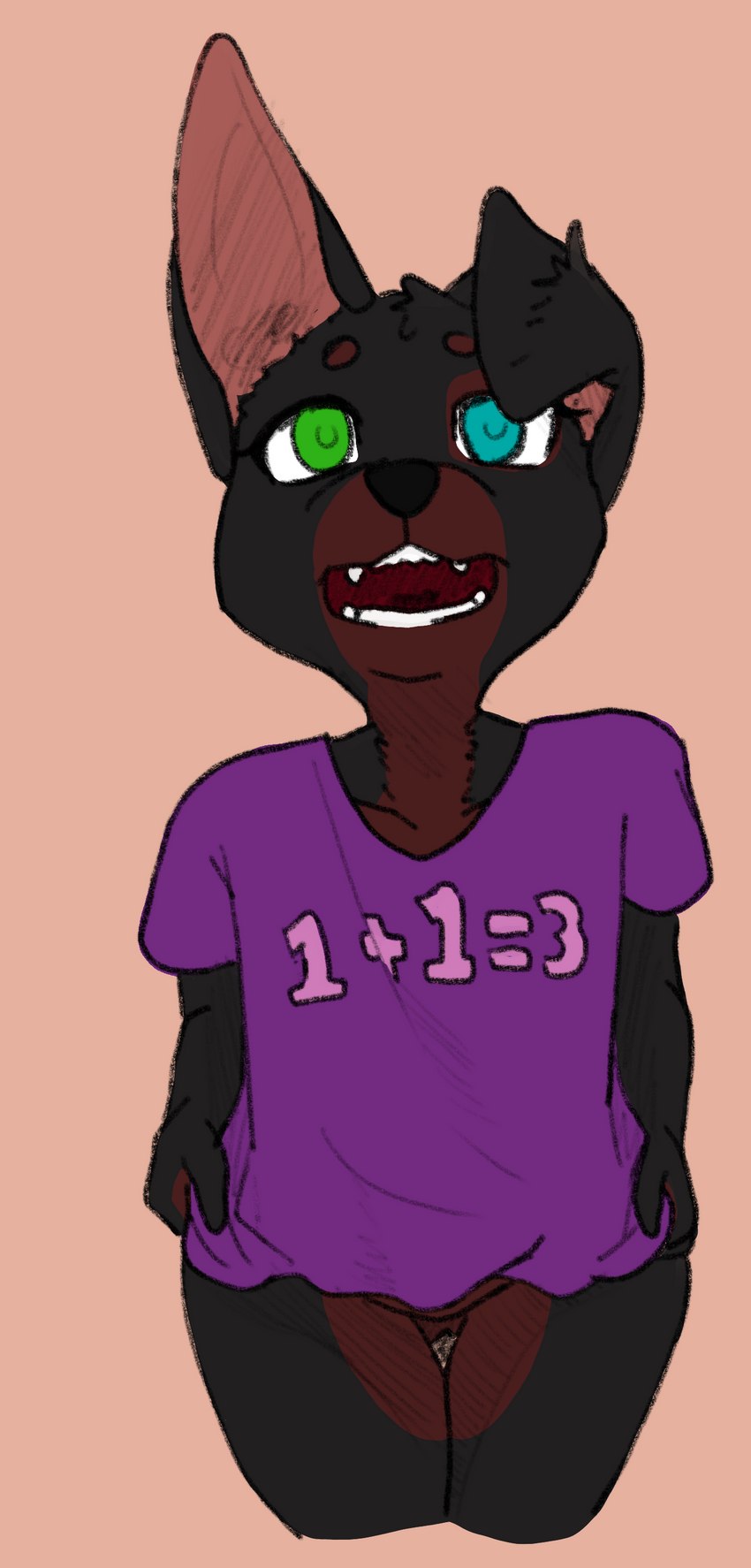 addition adolescent anthro black_body black_fur blue_eyes bottomless brown_body brown_fur clothed clothing equation eye_spot female floppy_ears fur genitals green_eyes head_tuft heterochromia multicolored_body multicolored_fur number_on_clothing number_on_topwear number_print open_mouth purple_clothing purple_shirt purple_topwear pussy shirt simple_background smile solo teeth text topwear tuft two_tone_body two_tone_fur young young_anthro young_female moriapup moria_(moriapup) canid canine canis dobermann domestic_dog mammal pinscher 2023 absurd_res digital_media_(artwork) hi_res