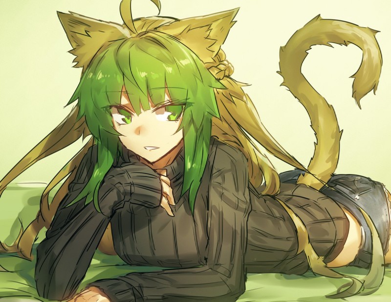 ahoge blonde_hair bottomwear clothed clothing female green_eyes green_hair hair long_hair lying multicolored_hair ribbed_clothing ribbed_sweater shorts solo sweater topwear melon22 fate_(series) type-moon archer_of_red atalanta_(fate) animal_humanoid cat_humanoid felid felid_humanoid feline feline_humanoid humanoid mammal mammal_humanoid