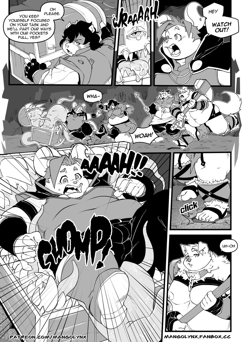 7_panel_comic anthro armor bottomwear bulge chubby_cheeks clothed clothing dialogue fantasy_clothing group male moobs overweight overweight_anthro overweight_male tentacles text mangolynx ailurid bovid canid canine caprine goat mammal mimic mimic_chest mouse murid murine red_panda rodent absurd_res comic digital_media_(artwork) english_text hi_res monochrome url