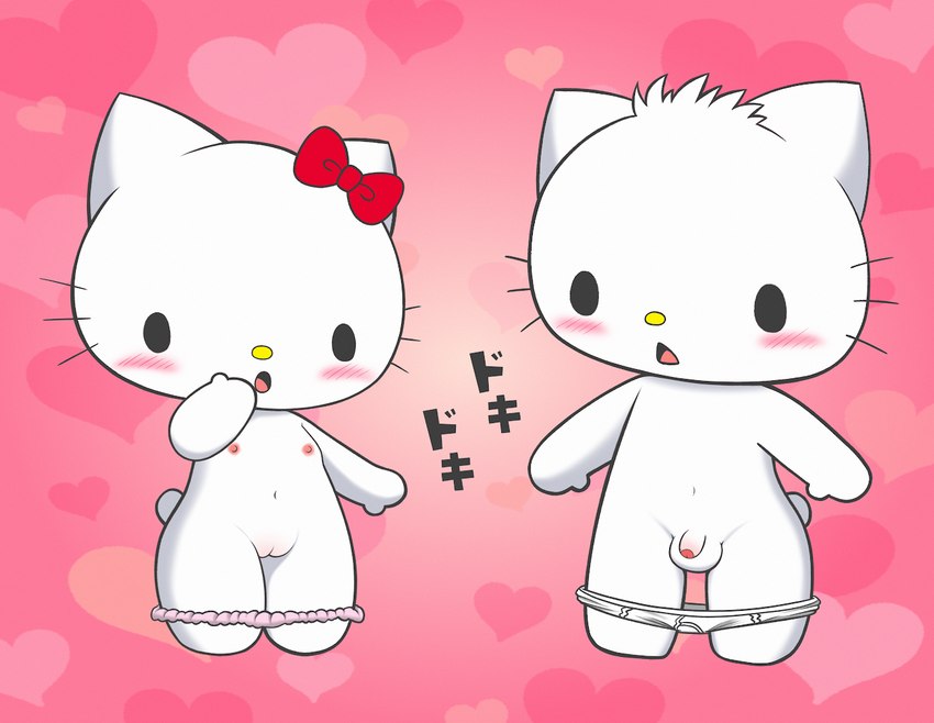 anthro blush bow_(feature) bow_accessory breasts clothing duo female genitals heart_symbol male navel nipples nude open_mouth panties penis pink_background pink_nipples pussy simple_background standing tail text underwear white_body young chrono_(pixiv) hello_kitty_(series) sanrio dear_daniel hello_kitty_(character) domestic_cat felid feline felis mammal 2021 digital_media_(artwork) japanese_text